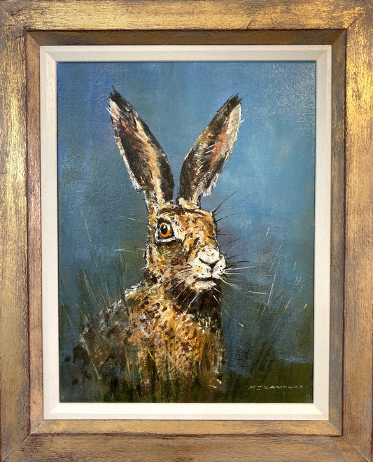 Alert Hare with goldleaf frame Painting by Michael Sanders